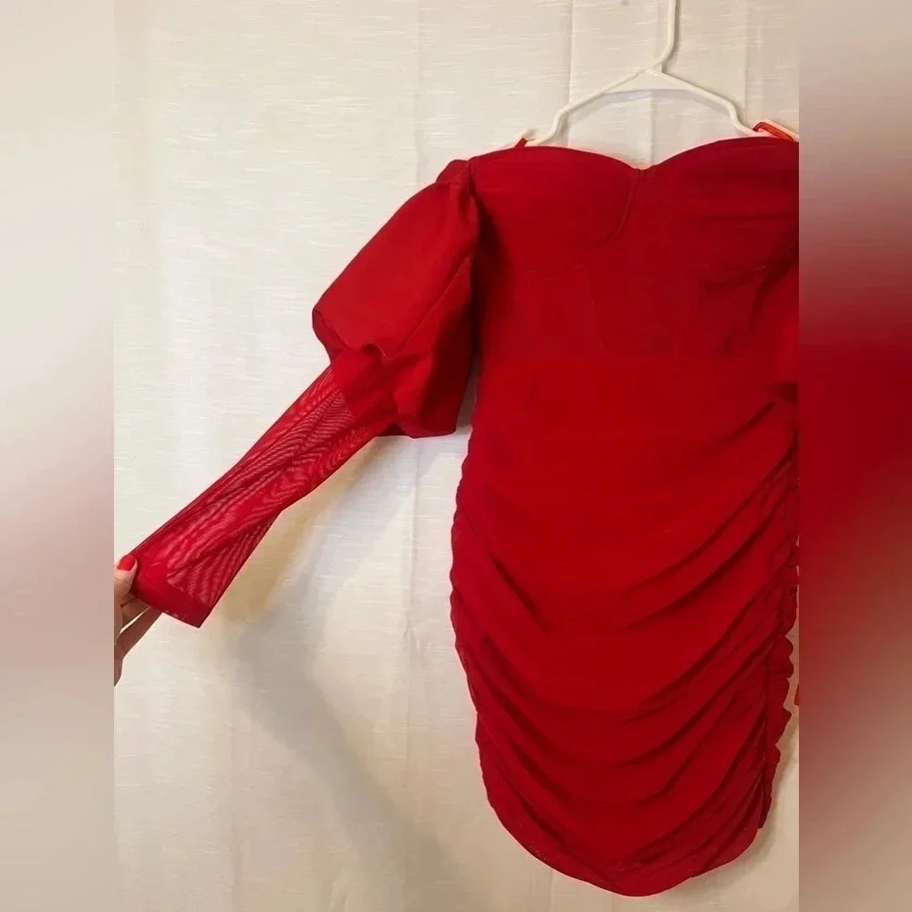 Olivia Mark – Lantern Sleeve Ruched Off Shoulder Bodycon Dress - Picture 11 of 15